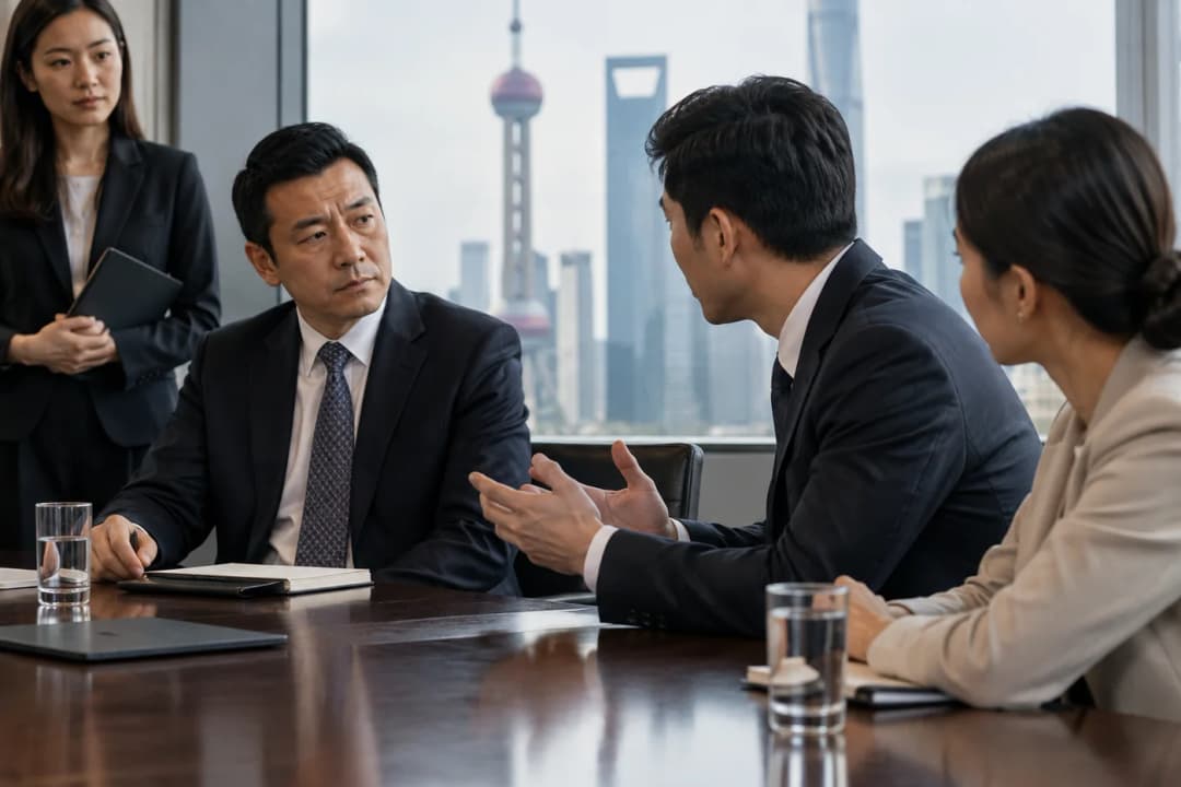 Reunión de negocios en una oficina china moderna: los participantes en la mesa respetan la jerarquía e intercambian tarjetas con ambas manos