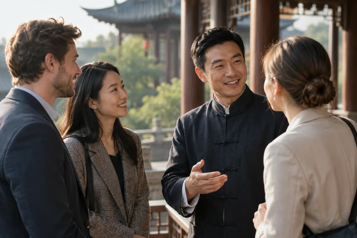 Mesa de chá com duas xícaras e um presente em um pátio tradicional chinês, simbolizando o guanxi